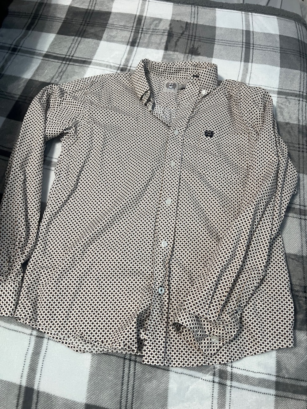 Cinch Beige and Black Dot Print Button-Down Shirt